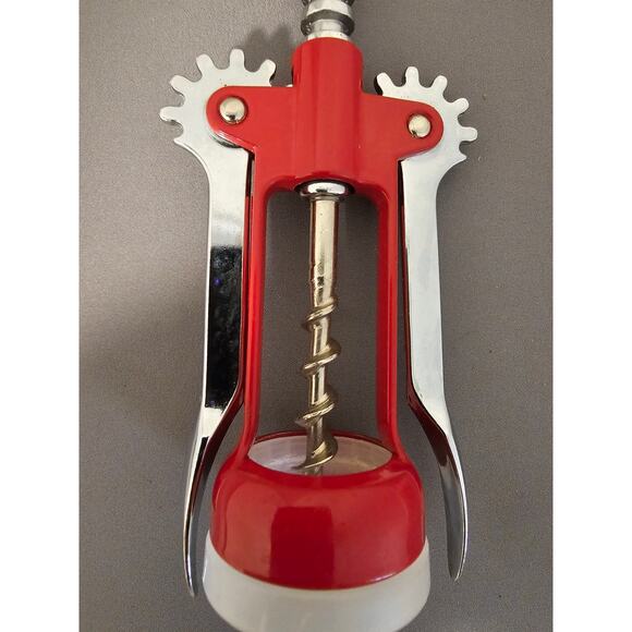 Red/Silver Corkscrew Wine Bottle Opener w/Fins - Push Down - 6-1/2" - Italy - Picture 3 of 9